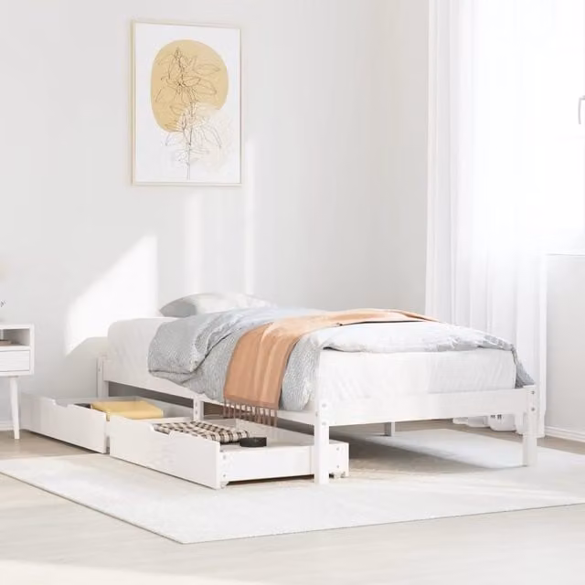 Berkfield Home White Solid Wood Pine Bed Frame with Drawers W: 90 cm, L: 200 cm