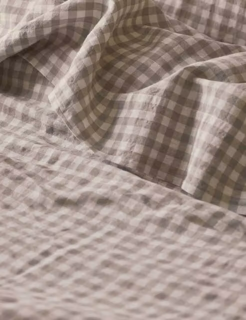 Piglet In Bed Pure Linen Gingham Checked Flat Sheet in Oatmeal Mix, W: 90 cm, L: 190 cm