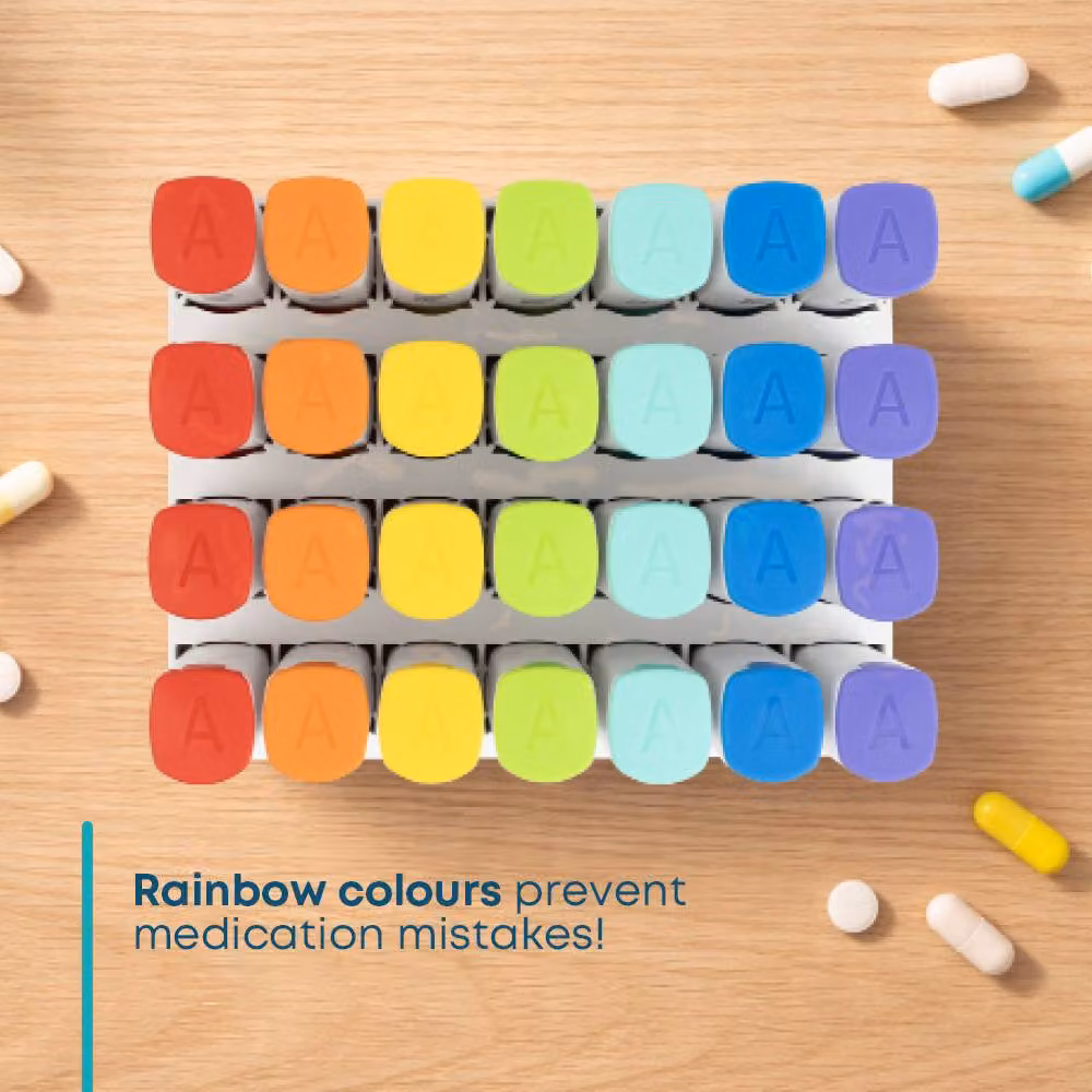 FINEWAY Monthly Pill Organiser AM PM with Stand, 28 Day Colour-Coded, White and Multicolour – 2