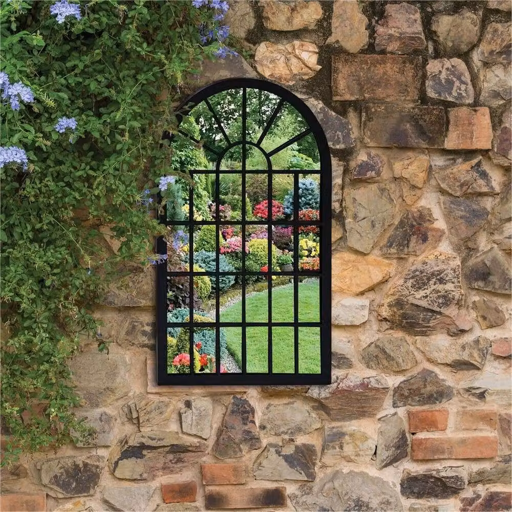NESTLUNE Arched Garden Wall Mirror in Black, W: 100 cm, H: 60 cm – 3