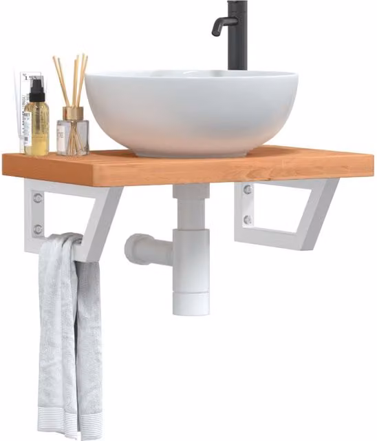 Berkfield Home Wall Mounted Basin Shelf in Brown Steel and Solid Beech Wood