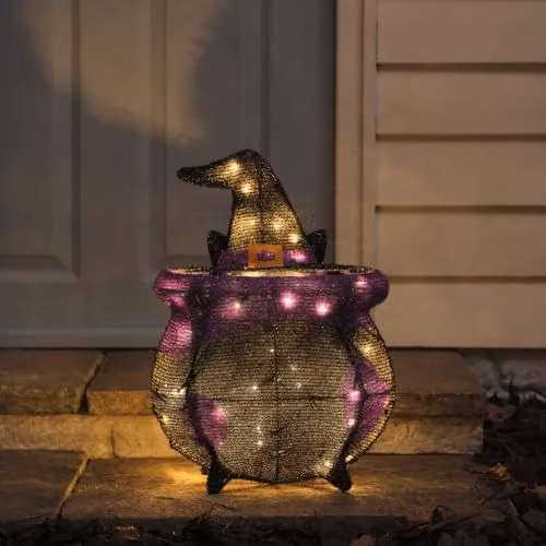 Lights4fun Cauldron Cat Outdoor LED Halloween Figure in Black and White, H 57.0 cm x W 33.0 cm x D 20.0 cm – 2