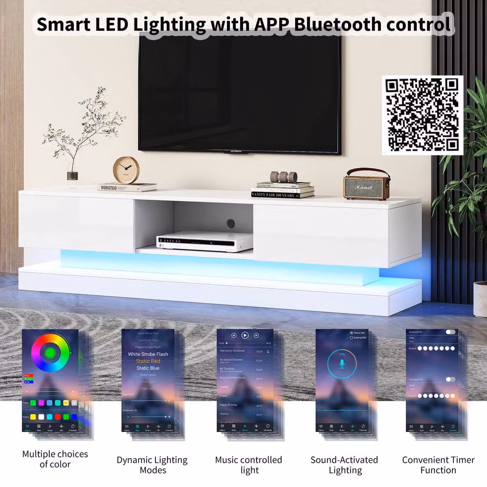 Matteo High Gloss White TV Stand with RGB LED and Storage, Width: 160 cm – 3