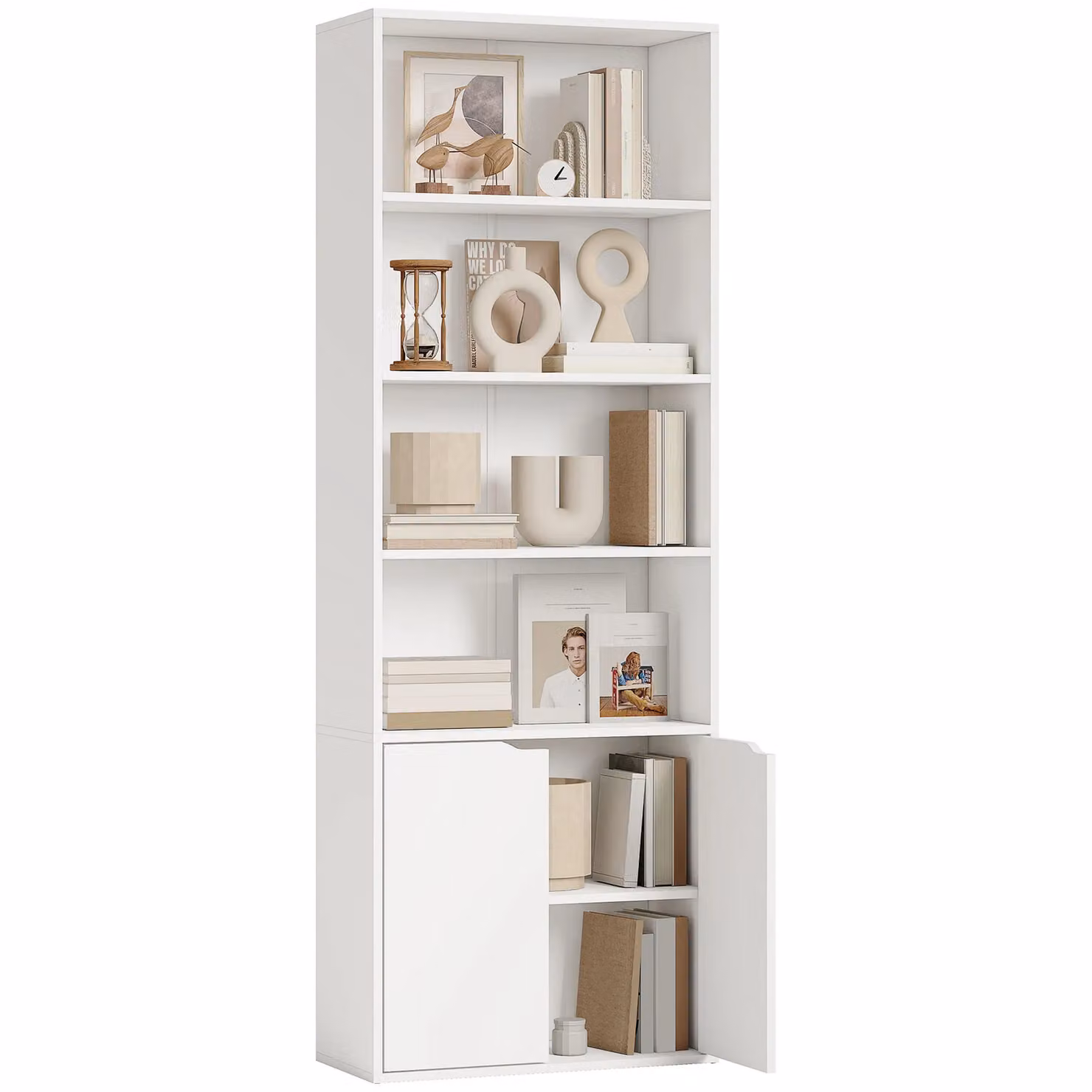 HOMCOM Modern 2 Door 4 Shelf Tall Bookcase and Storage Display Unit in White – 2