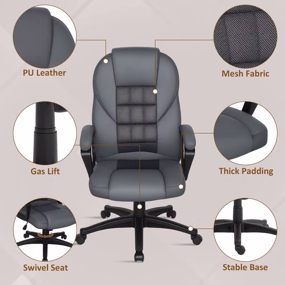 STILVORA Grey Faux Leather Swivel Office Chair with Tilt Function and Armrests, W: 120 cm, D: 48 cm – 5