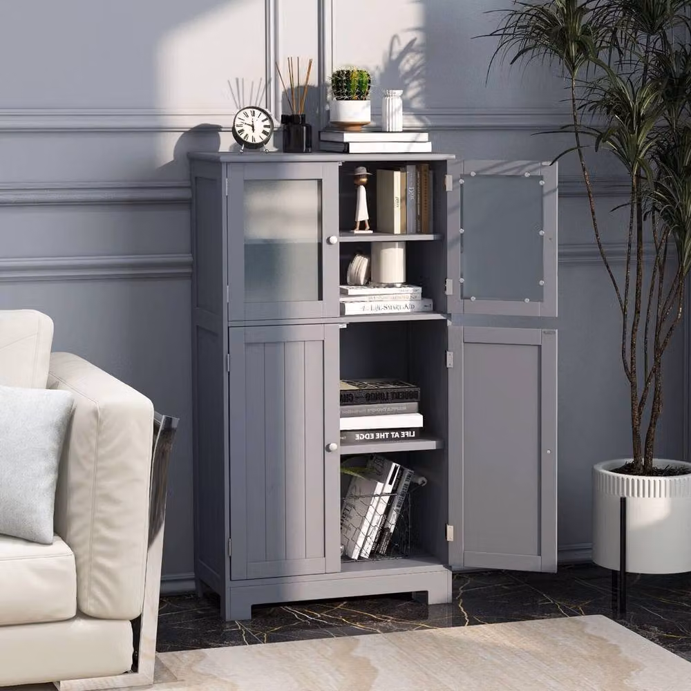 Kelvenix 4-Door Freestanding Bathroom Storage Cabinet in Grey with Glass Doors – 3