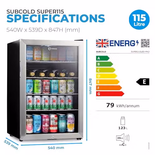Subcold Super115 LED Under-Counter Fridge in Silver, 115L Capacity with LED Interior Light and Lock, W/D/H: 55 x 45 x 85 cm – 3