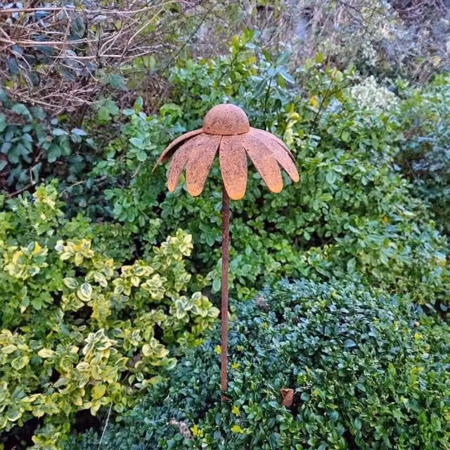 Poppyforge Pack of 3 Rustic Metal Cone Flower Plant Stakes in Brown, Height: 60 cm
