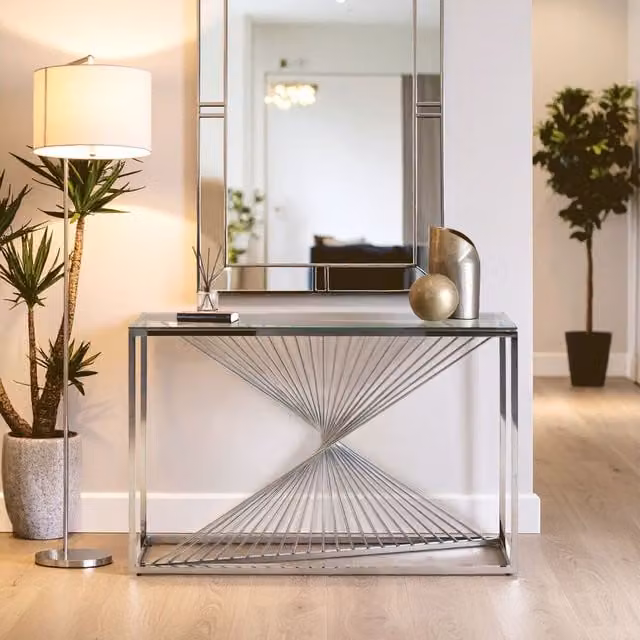 Orsina Modern Glass Top Console Table with Silver Frame, W/D/H: 78 x 40 x 40 cm