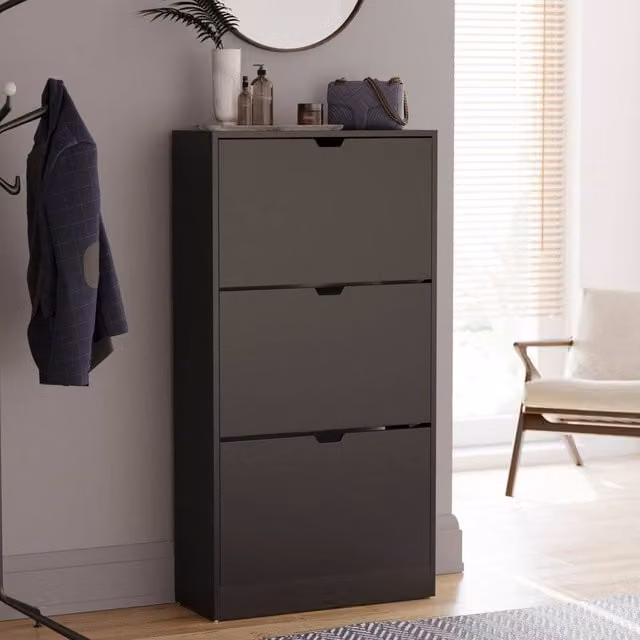 HD Designs Vida Designs Modern Black 3 Drawer Shoe Cabinet with Tilting Compartments – 1
