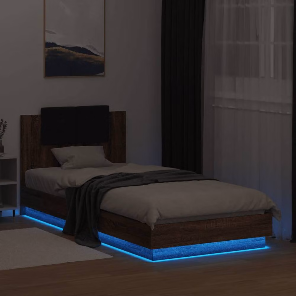 Berkfield Home Durable Bed Frame with Under-Bed LED Lighting in Brown Oak, W/D/H: 100 x 200 x 84 cm – 3