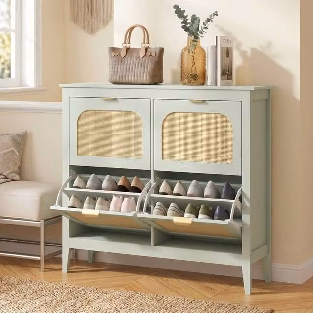 STILVORA Narrow Green Shoe Cabinet with 4 Rattan Tilting Compartments