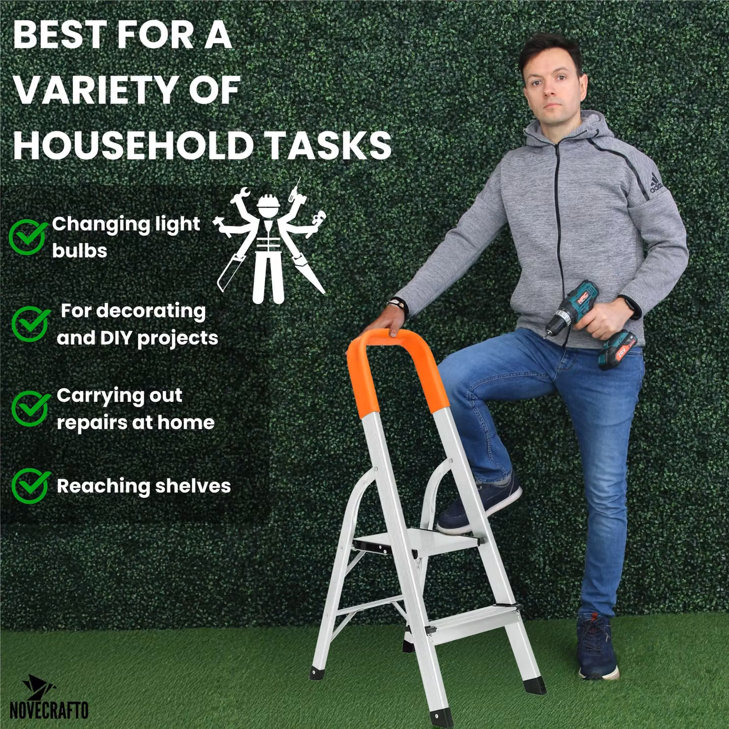 Novecrafto 2-Step Aluminium Foldable Step Ladder with Safety Handrail in Silver and Orange, Height: 88 cm – 2