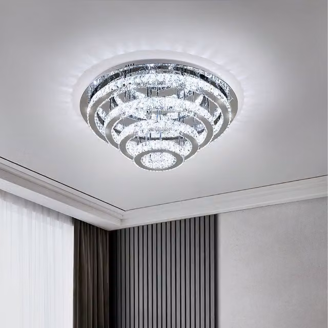 Komore Crystal Round Flush Mount Ceiling Light in Silver and Transparent, Diameter: 31 cm