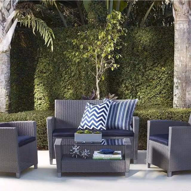 Dorel Home COSCO Malmo 4-Piece Polyrattan Patio Set in Grey with Blue Fabric Cushions