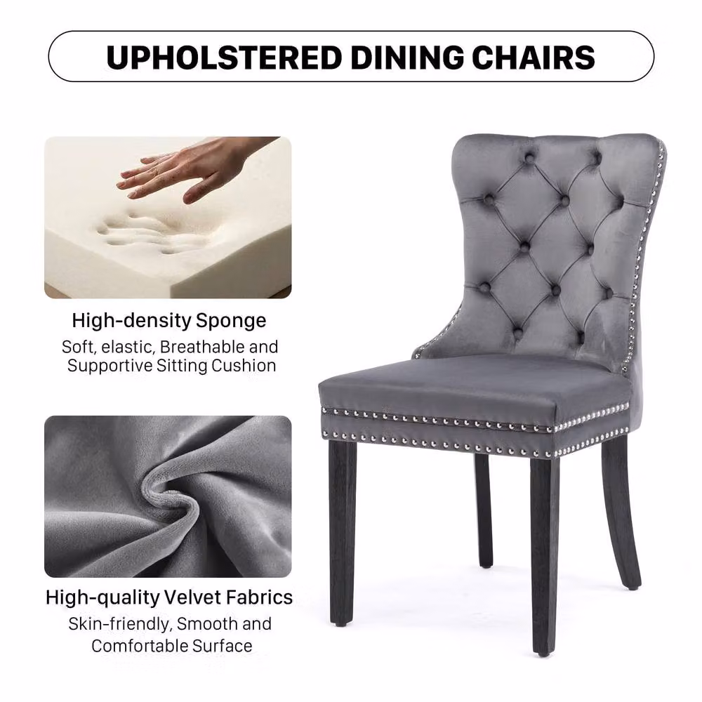 Modern Home Touch Romsey Set of 2 Grey Velvet Upholstered Dining Chairs with Oak Legs and Knocker Ring Back – 4