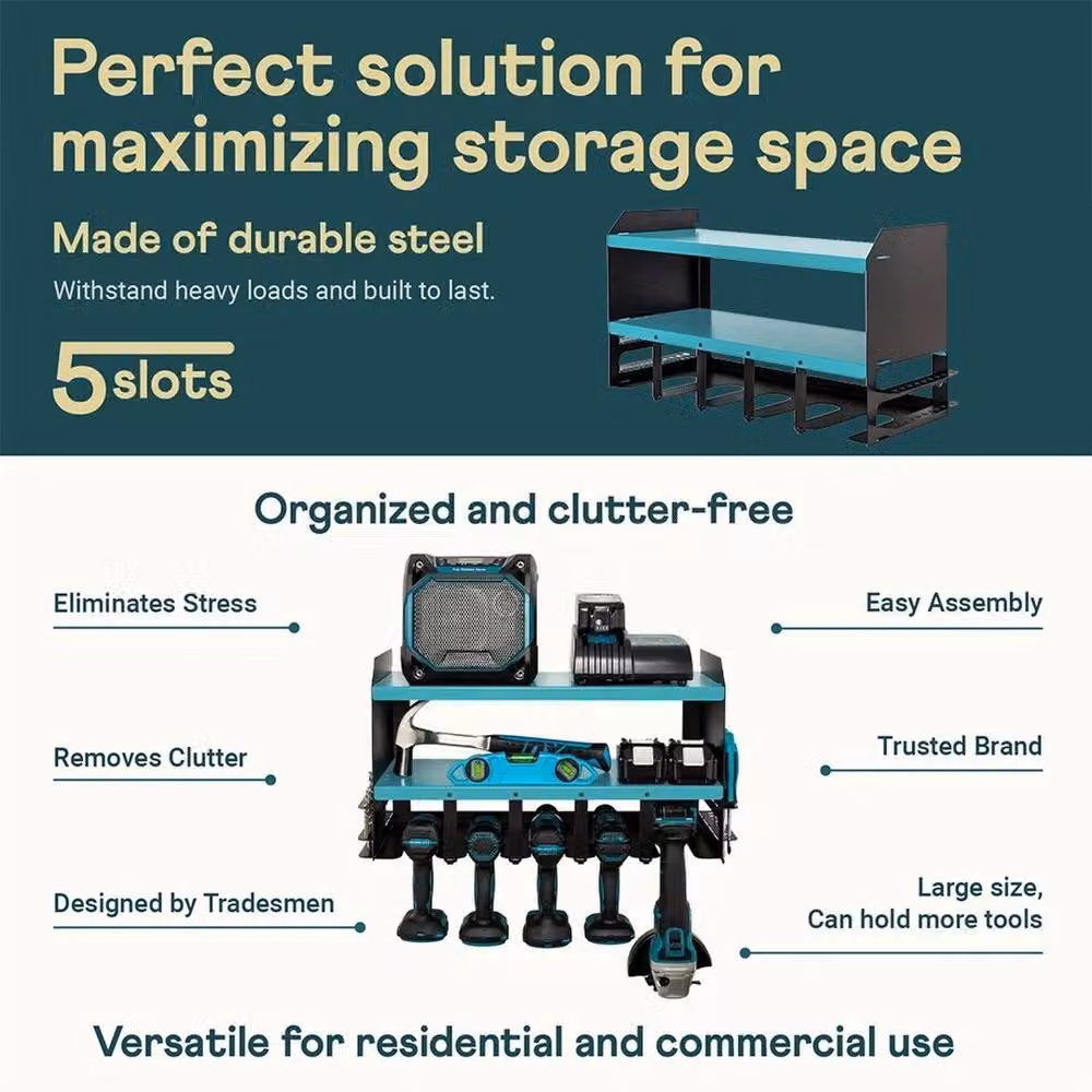 NESTLUNE 3 Layer 5 Slots Wall Mounted Power Tool Organiser and Drill Storage Rack, Blue, W: 52 cm – 2