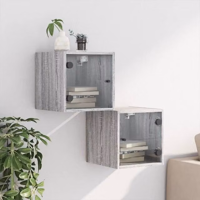 Berkfield Home Elegant Bedside Cabinets with Glass Doors, 2 Pieces, Grey Sonoma, W/D/H: 35 x 37 x 20 cm