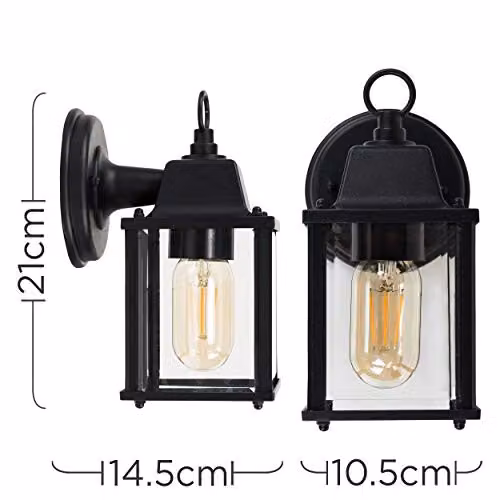 MiniSun Modern Black Metal and Glass Outdoor Security Wall Light Lantern with Warm White LED Bulb, IP23 Rated – 2