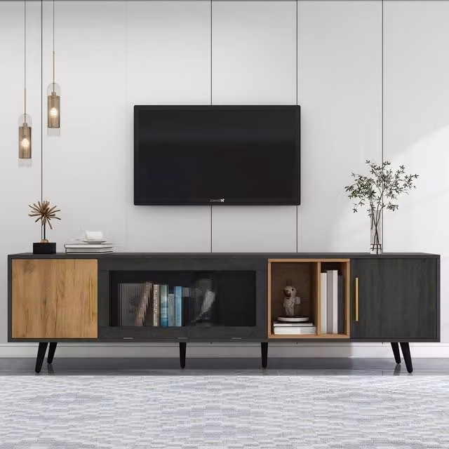 Matteo Modern Grey Wood TV Stand with Matt Finish and Glass Doors W/D/H: 200 x 55.5 x 40 cm – 1