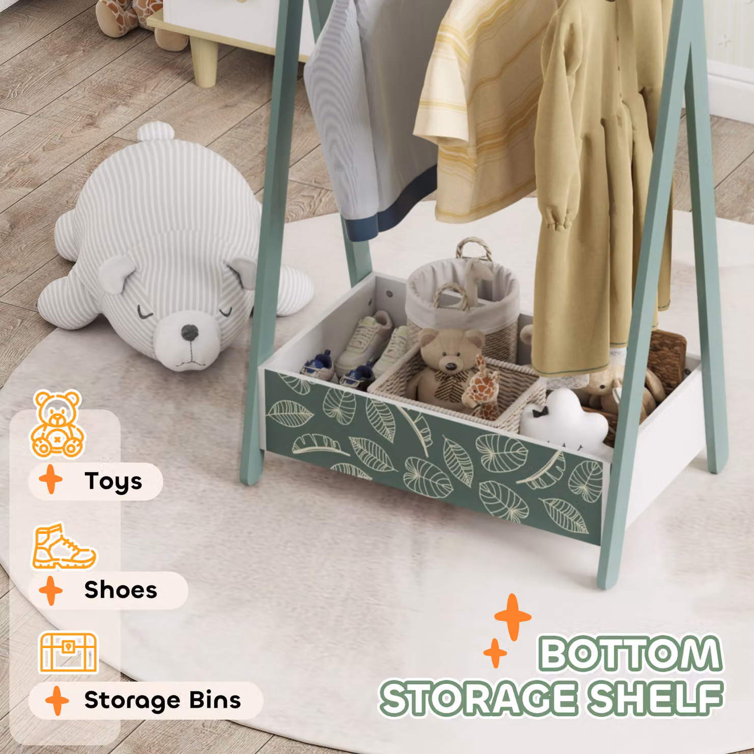 AIYAPLAY Baby Clothing Rack with Hangers and Storage Shelf, Green Leaf Theme, Pine Wood – 3