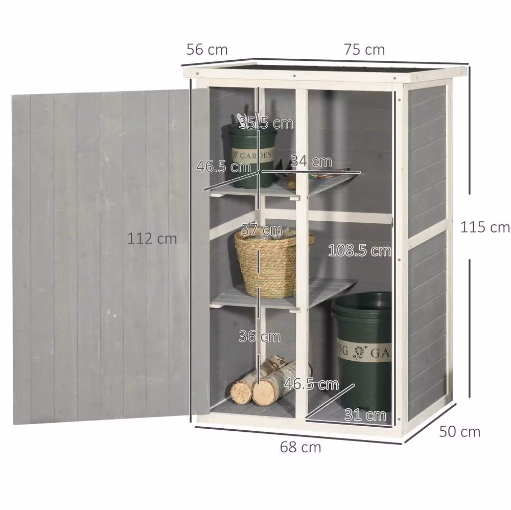 STILVORA Grey Wooden Garden Storage Shed with Shelving and Double Doors W/D/H: 131 x 115 x 50 cm – 3