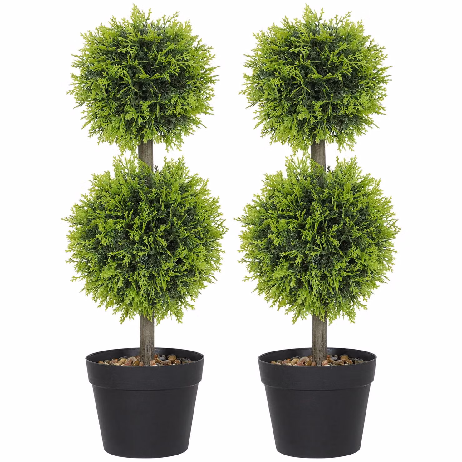 HOMCOM Set of 2 Green Artificial Round Cypress Ball Topiary Trees with Pots and Pebbles – 1