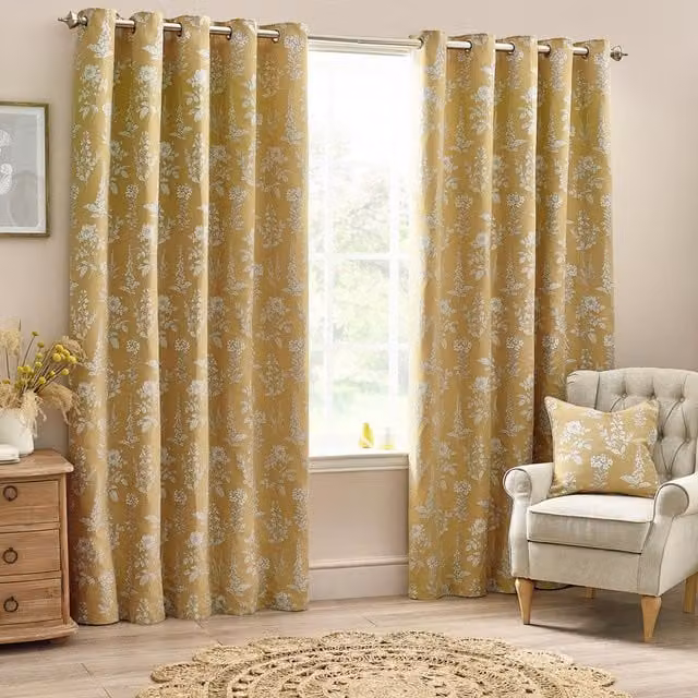 Make It A Home Set of 2 Sophia Jacquard Floral Eyelet Curtains, Gold and Green, Height: 183 cm