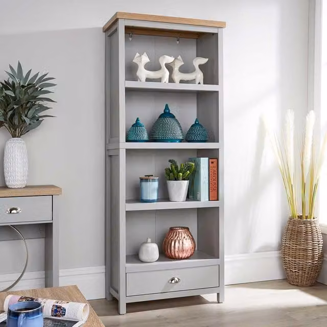 Home Source Oak Tall Bookcase Display Unit with 4 Bookshelves and Storage Drawer in Grey