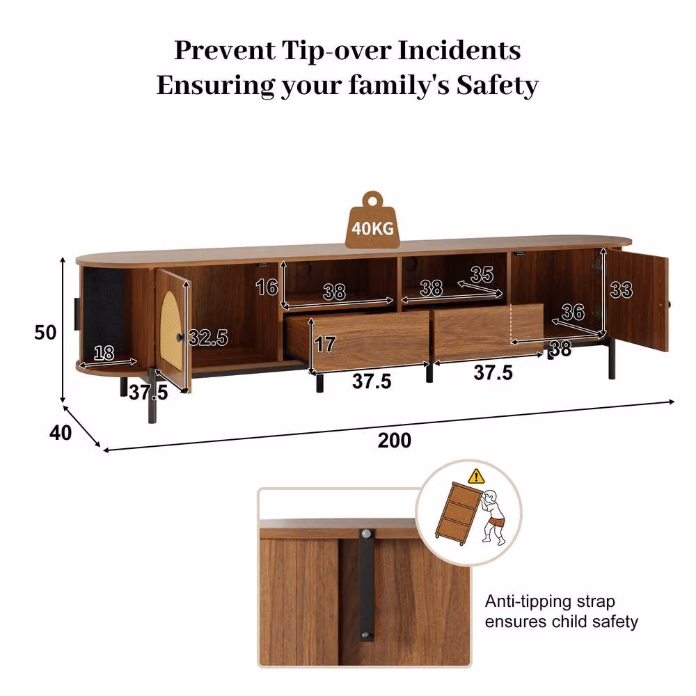 BTM Scandinavian Rattan TV Cabinet with Sliding Doors and Drawers in Walnut Brown and Black – 3