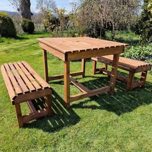 Churnet Valley Garden Furniture Ltd Contemporary 4 Seater Wood Garden Table and Bench Set in Brown, W150 x D100 x H75 cm
