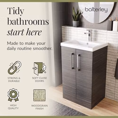 Balterley Floor Standing Bathroom Vanity Unit with Basin and Soft Close 2 Doors in Woodgrain Anthracite W/D/H: 51 x 39 x 84 cm – 4