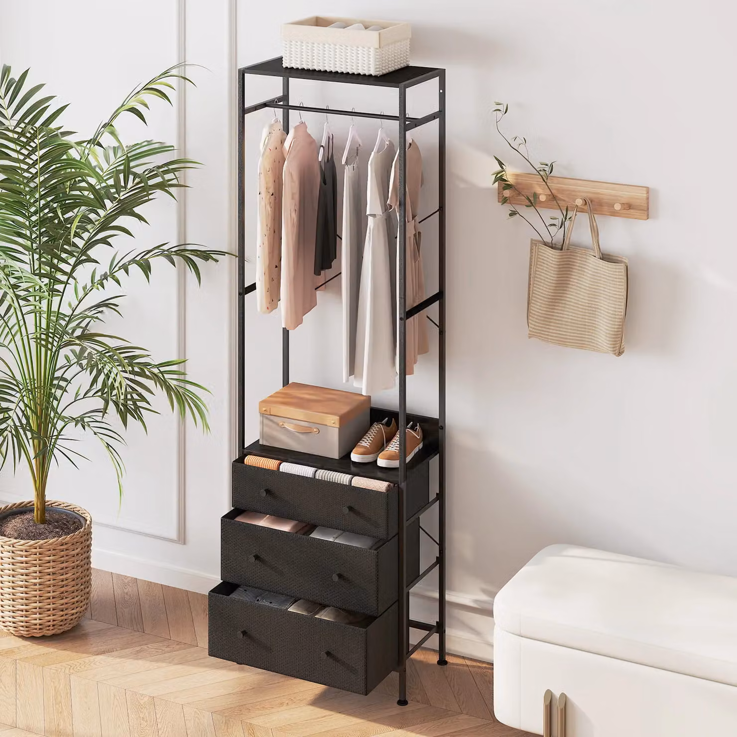Gymax Freestanding Clothes Rack Closet Organiser with Drawers in Matt Black – 3