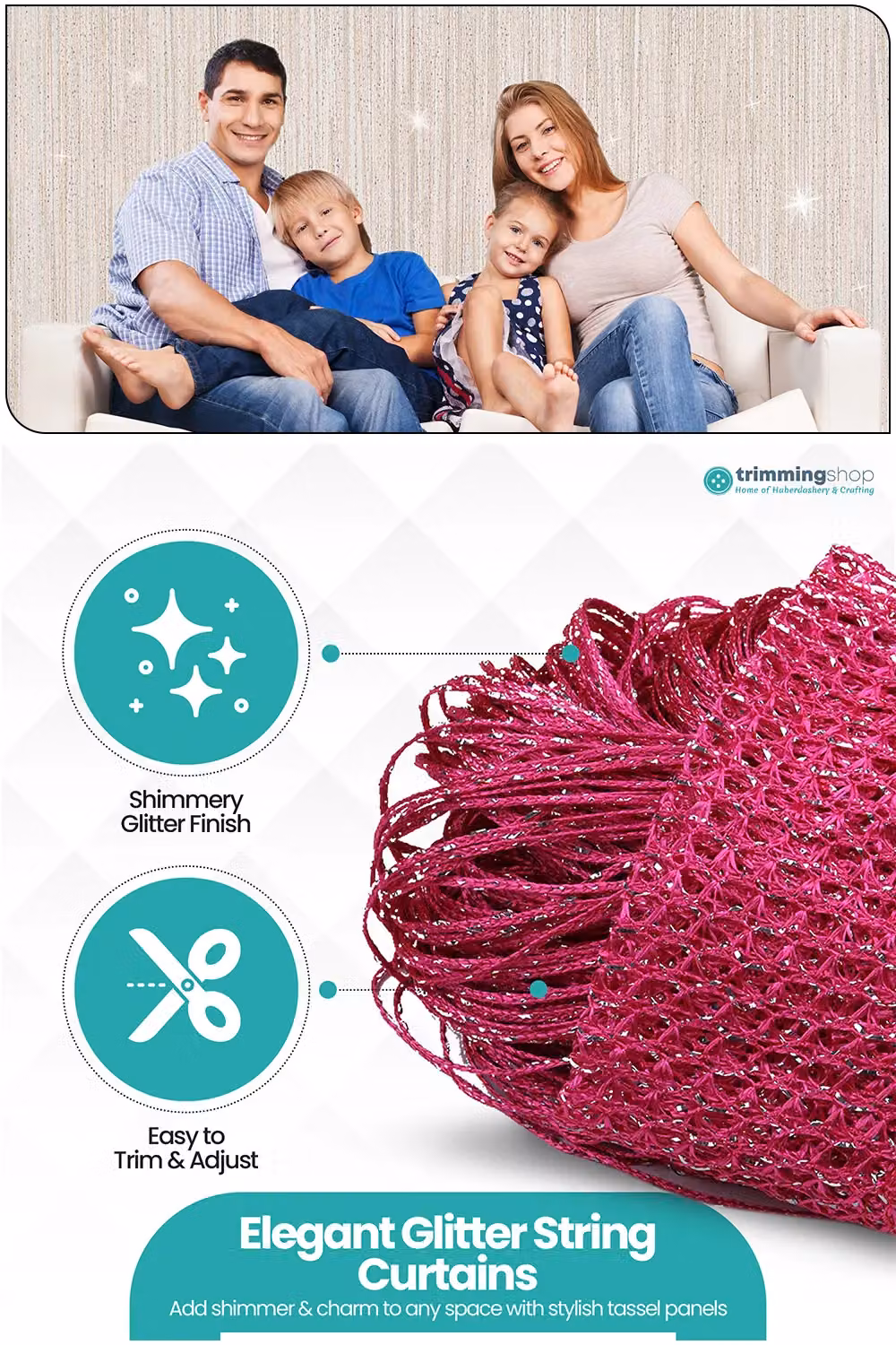 Neel Blue Glitter String Curtain in Fuchsia Pink, Polyester Fringe Tassel Panel, W: 90 cm, H: 200 cm – 2