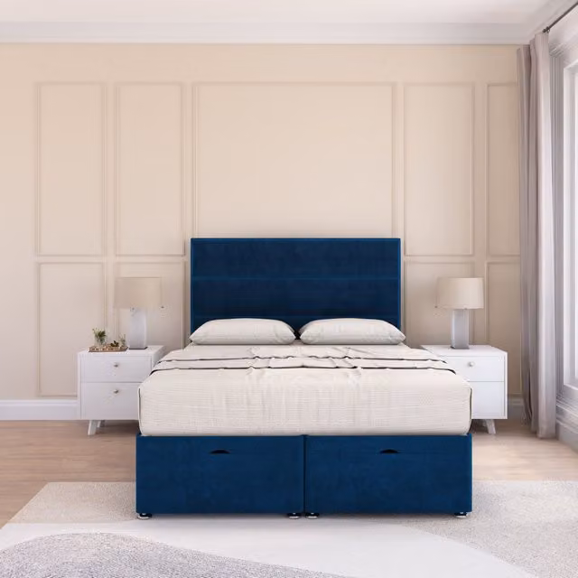 Sloomy Texas Single Ottoman Bed with Sprung Memory Mattress and 54 Inch Floorstanding Headboard in Navy Blue