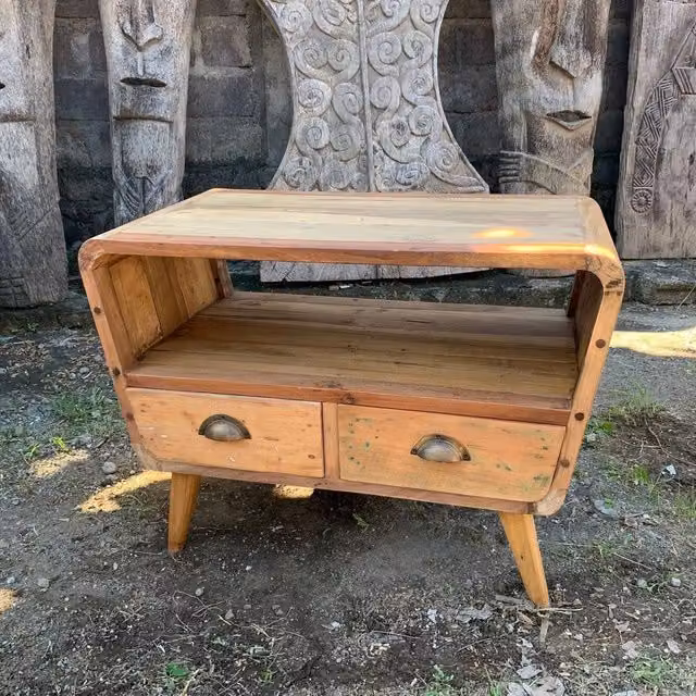 Serenityy Natural Round TV Stand with 2 Drawers in Upcycled Teak and Light Oak