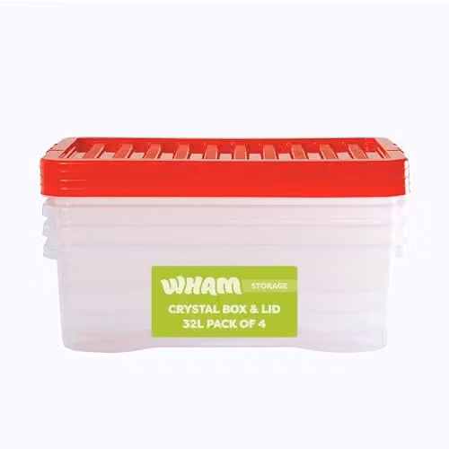 Wham Crystal 32L Stackable Plastic Storage Boxes with Lids, Pack of 4, Transparent with Red Lids
