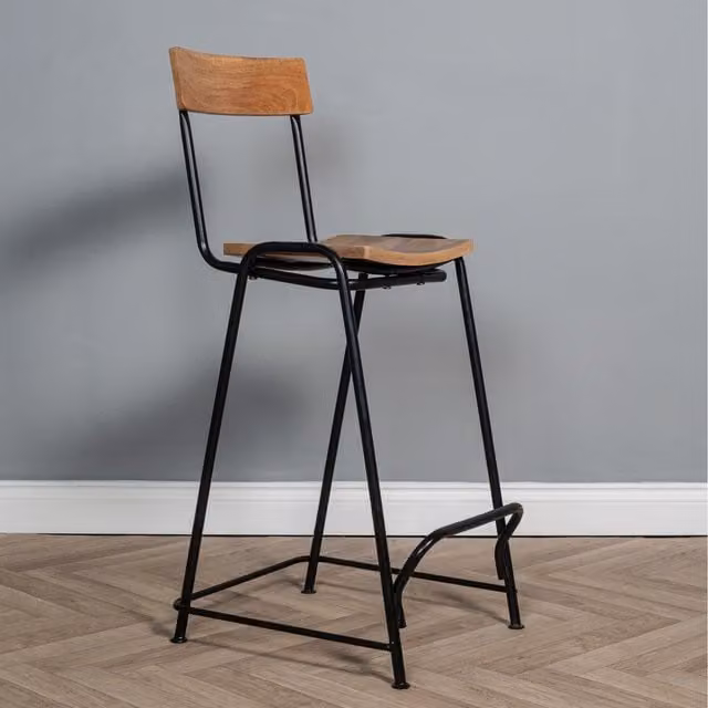 Elm Home And Garden Industrial Mango Wood Bar Stool with Back in Brown and Black