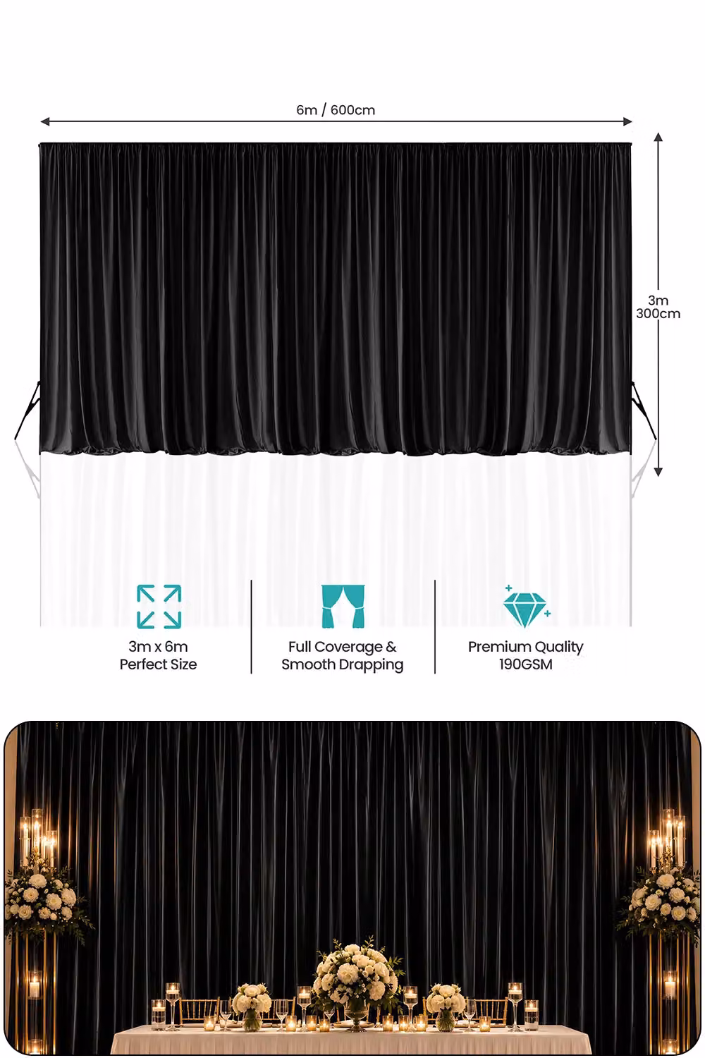 Neel Blue Blackout Backdrop, Black Polyester, W: 6 m, H: 3 m – 2