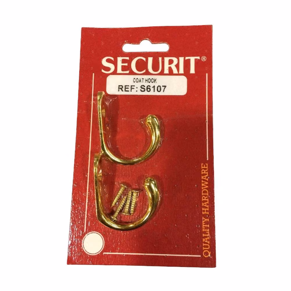 Securit Wall Mounted Metal Coat Hooks, Pack of 2, Metallic Gold – 2
