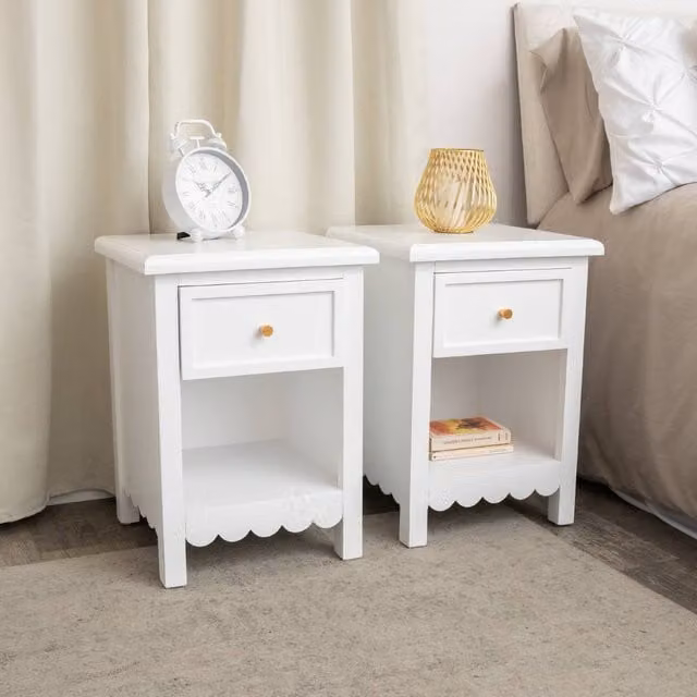Melody Maison Staunton White Pair of One Drawer Scalloped Bedside Tables with Gold Details