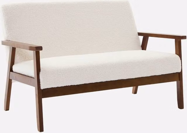 Sweek 2-Seater Scandi-Style Boucle Sofa in Cream with Light Walnut Stained Legs