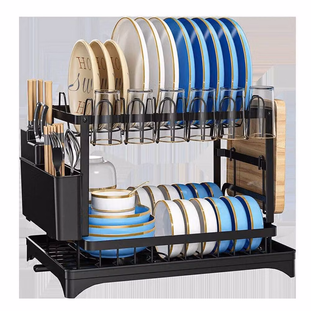 FORGEVIO Black 2 Tier Metal Kitchen Sink Dish Drainer Rack with Cutlery Holder – 4