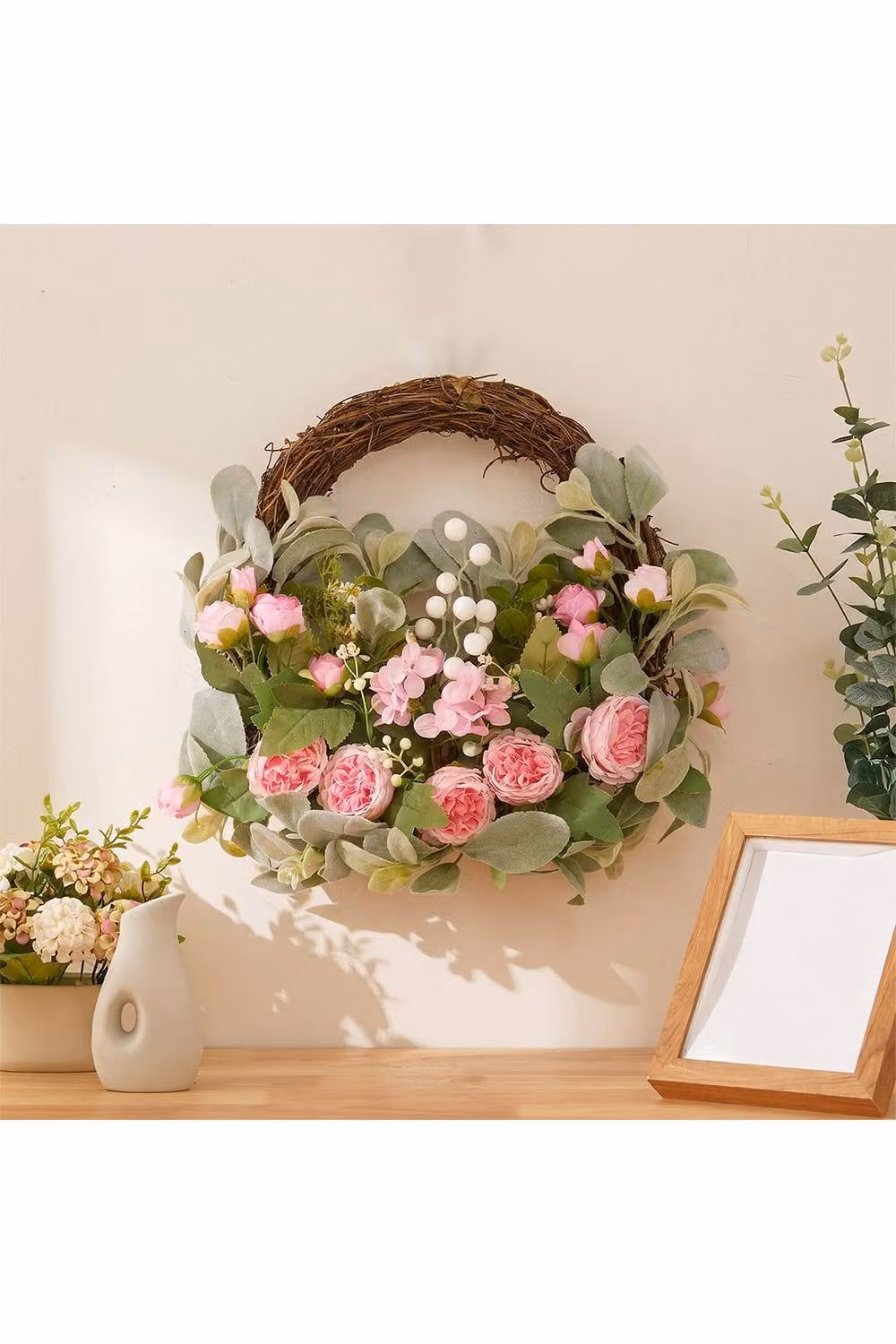 Living and Home Round Rattan Artificial Peony Flower Wreath in Green and Pink – 2