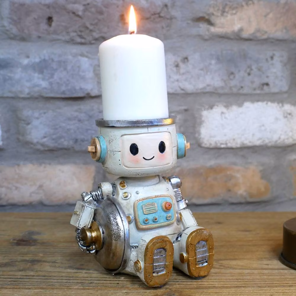 Gifts Direct 2 U Retro Robot Ceramic Pillar Candle Holder in White and Multicolour – 2