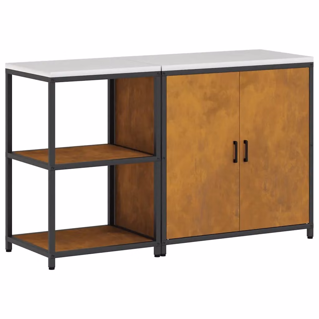 Berkfield Home 2-Piece Modern Freestanding Metal Storage Set with Hinged Doors and Open Shelves in Brown Rusty Weathering Steel – 2