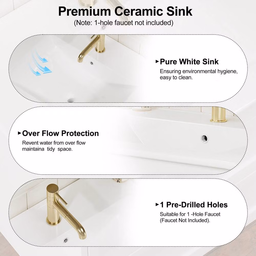 KEEPREAPER Sleek Mid-Century Under Sink Bathroom Cabinet with White Ceramic Wash Basin and Gold Details – 3