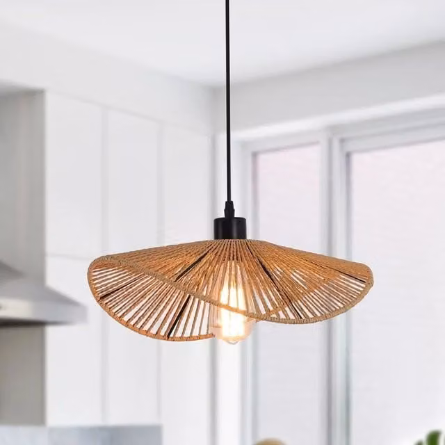 Garwarm Single Rattan Pendant Light in Black and Brown, Dimmable and Height Adjustable