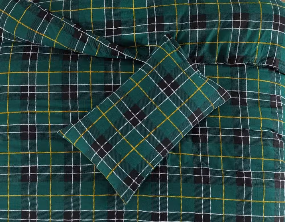 Homes-Linen 100% Cotton Brushed Flannelette Checked Duvet Cover Set in Green, W: 200 cm x D: 200 cm – 2