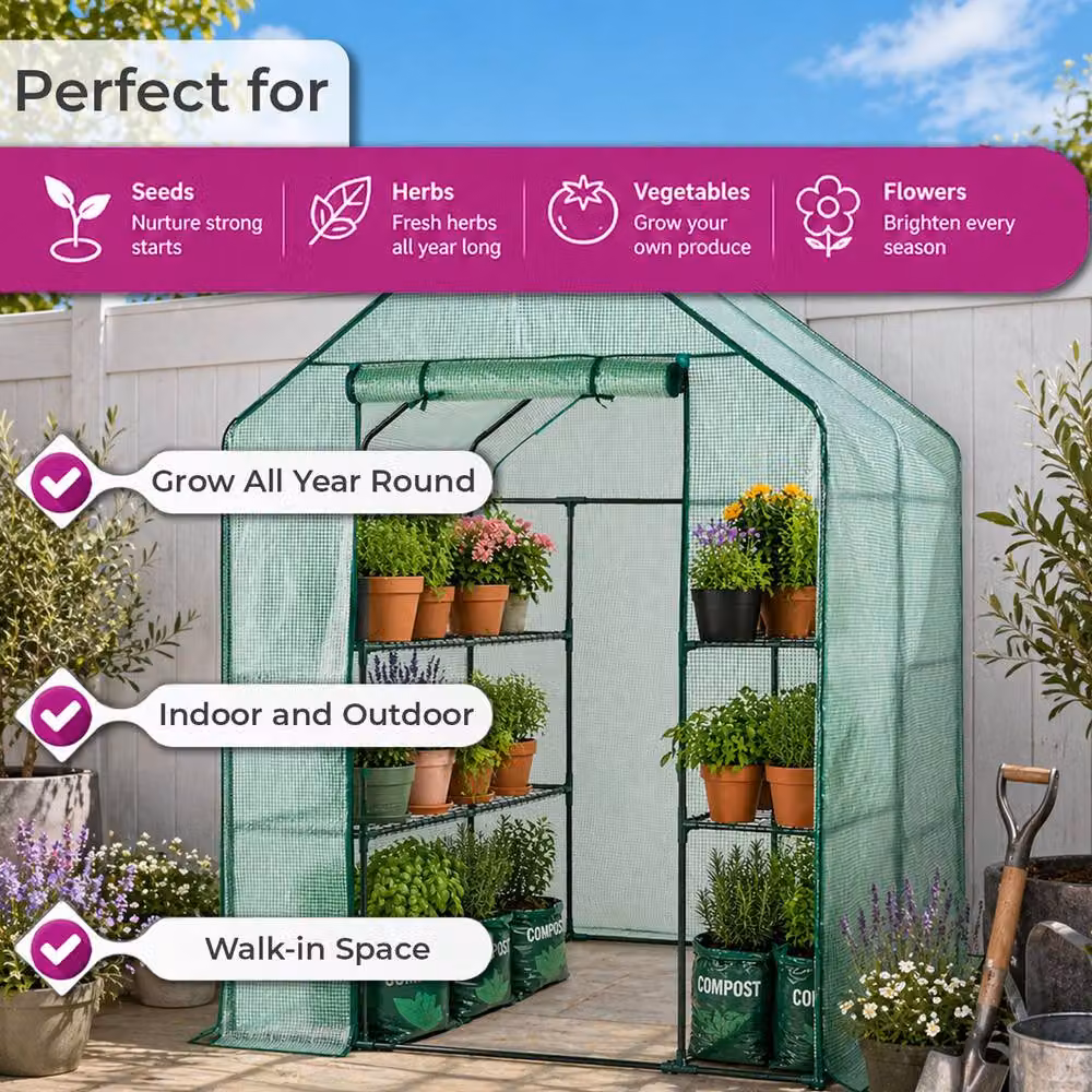Neo 8 Tier Heavy Duty Steel Shelving Greenhouse in Green, W/D/H: 143 x 143 x 193 cm – 3